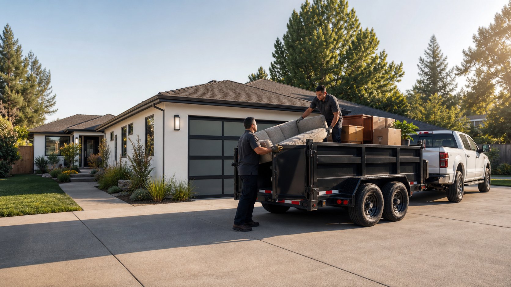 Professional junk removal crew loading a black dump trailer